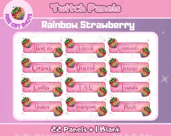 Rainbow Strawberry Twitch Panels Set with a FREE Strawberry emote - Digital Download - 22 premade + 1 Blank