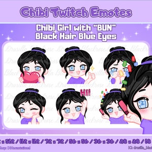 Cute Chibi Girl Emote with Bun Hairstyle, Black Hair Blue Eyes, 6 Poses: love, Cry, Hype, Ok, Hi, Wink. Starter Emote Set Twitch, Discord