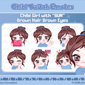 Lindo gesto de chica Chibi con peinado de moño, cabello castaño, ojos marrones, 6 poses: amor, llanto, exageración, ok, hola, guiño. Conjunto de gestos iniciales Twitch, Discord
