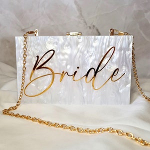 Gorgeous Marble & Gold Mother of Pearl "Bride" Decal Bridal Gift Wedding Hen Party Clutch Box Handbag