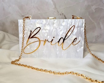 Gorgeous Marble & Gold Mother of Pearl "Bride" Decal Bridal Gift Wedding Hen Party Clutch Box Handbag