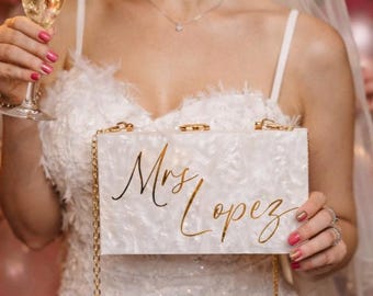 Gorgeous Marble & Gold Mother of Pearl Personalised Custom Decal Bride to Be,  Wedding Hen Party Clutch Box Handbag