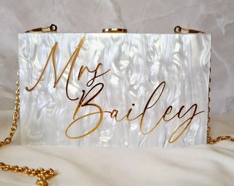 Gorgeous Marble & Gold Mother of Pearl Personalised Custom Decal Bride to Be,  Wedding Hen Party Clutch Box Handbag