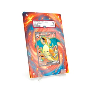 May include: A graded Charizard EX Pokémon card, encased in a protective holder. The card features a fiery background and the text "Charizard EX". The holder has a label with grading information. The card is displayed on a clear stand.
