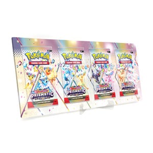 May include: A display of four Pokemon Trading Card Game booster packs, titled "Prismatic Evolutions." The packs are colorful, featuring various Pokemon characters and the Pokemon logo. The display is mounted on a clear acrylic stand.