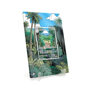 May include: A clear acrylic display featuring a Pokemon card with an Exeggutor illustration. The display has a jungle-themed background with palm trees and lush greenery. The card is centered within the display.