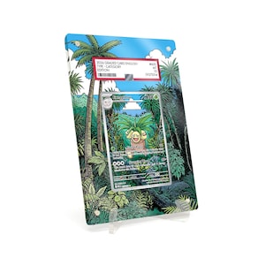 May include: A graded Pokémon card featuring Exeggutor, displayed in a clear acrylic case. The card is set against a backdrop of a tropical forest scene with palm trees and lush greenery. The case has a label with the text "2036 GRADED CARD ENGLISH".