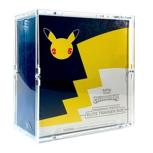 May include: A clear plastic box with a Pokemon Celebrations Elite Trainer Box inside. The box features a yellow Pikachu with the number 25 on its cheek. The box is labeled "Pokemon Center Elite Trainer Box".