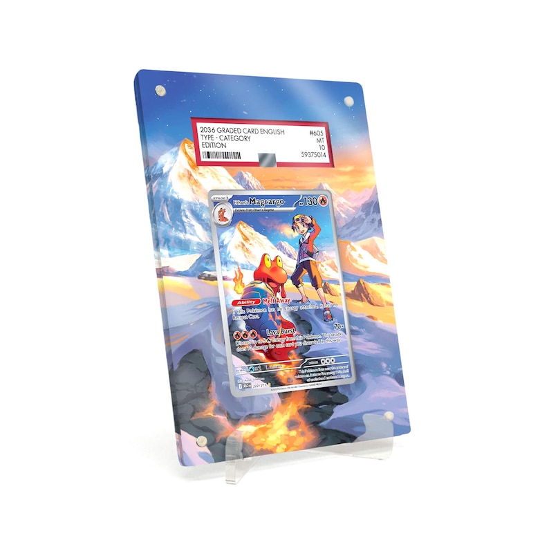 Verlengde displaykast met frame, geschikt voor PSA Pokémon Ethan’s Magcargo Ascended Heroes (ASC) #222, inclusief standaard. afbeelding 1