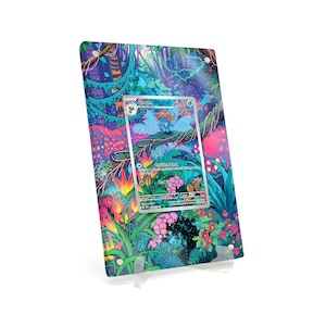 May include: A decorative display featuring a vibrant, colorful jungle-themed background. A trading card is displayed in the center, showcasing a blue and orange character. The display is supported by a clear stand, creating a floating effect.