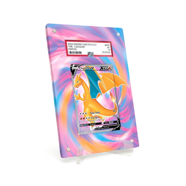Vitrina expositora ampliada compatible con las cartas promocionales PSA Pokemon Charizard V Sword & Shield #SWSH050, incluye soporte. imagen 1