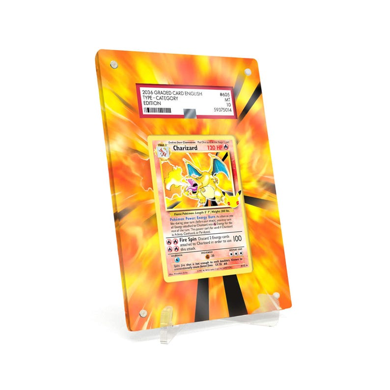 Extended Artwork Display Case Frame compatible with PSA Pokemon Charizard Celebrations (CEL) #4 including stand image 1