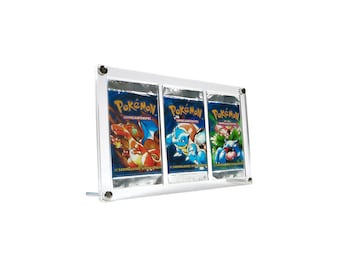 Acrylic case suitable for 3x Pokemon booster packs, both vintage and modern, with metal feet, frame, stand, display stand.