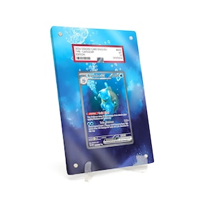 May include: A graded Pokémon card featuring Blastoise ex, displayed in a clear acrylic case. The card has a blue and white design with the text "Blastoise ex 330". The case is supported by a clear stand, with the text "2036 GRADED CARD ENGLISH" visible.