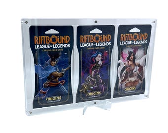 Acrylic case suitable for League of Legends Riftbound 3x sleeved magnetic booster packs, including acrylic stand.