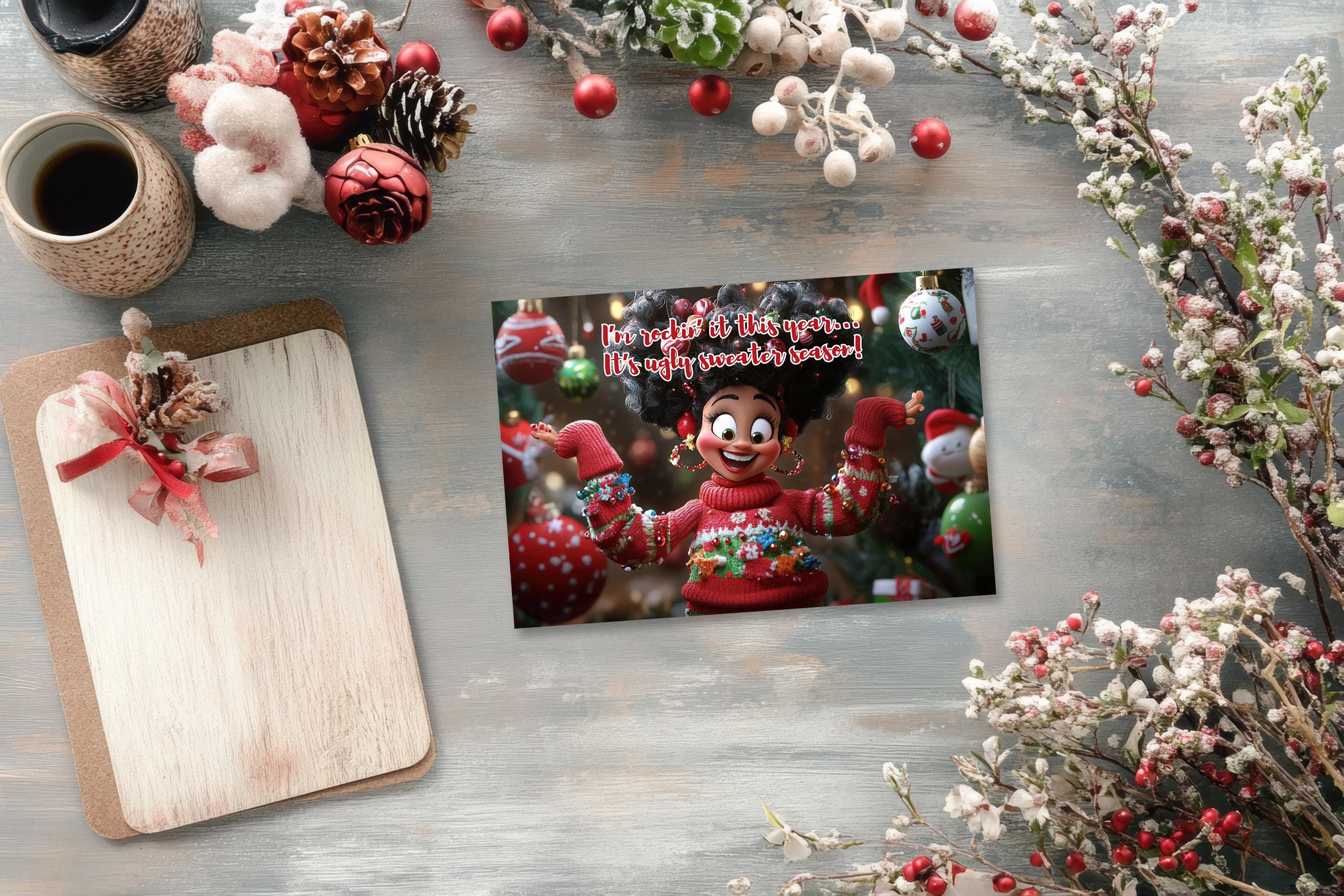 Funny Ugly Sweater Postcard, Ugly Christmas Sweater Card, Humorous ...