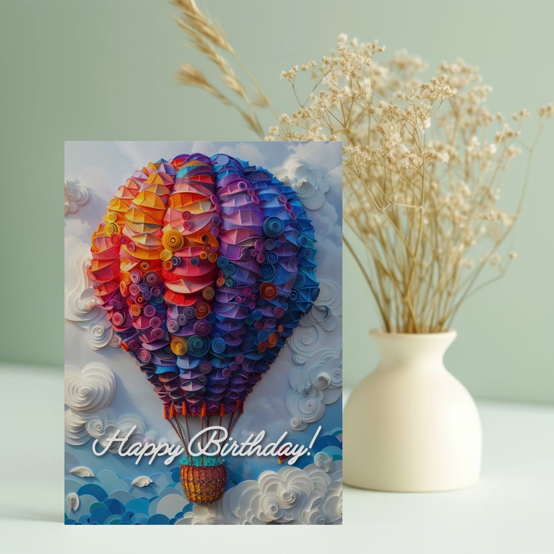 Happy Birthday Greeting Card With Hot Air Balloon, Colorful Paper ...