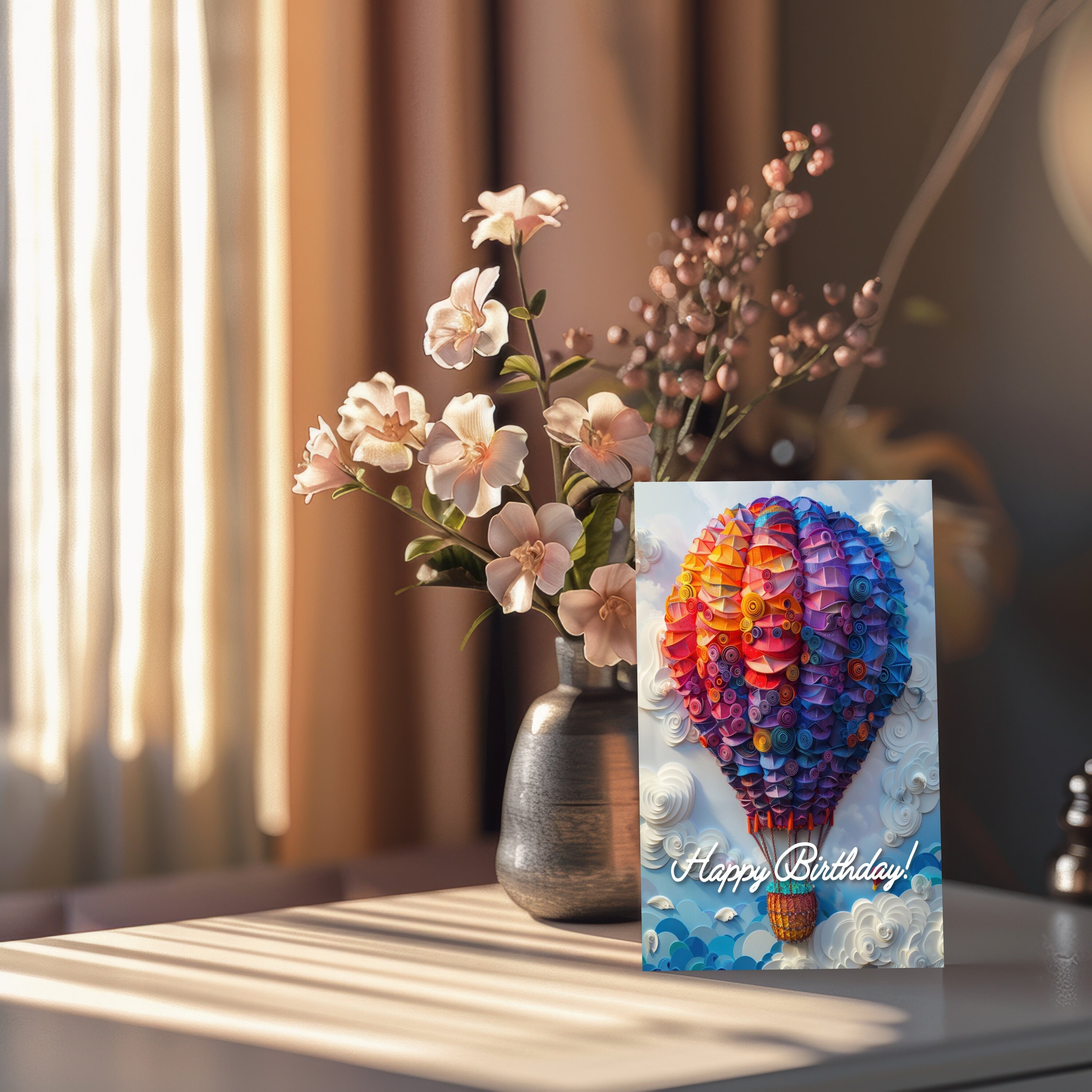 Happy Birthday Greeting Card With Hot Air Balloon, Colorful Paper ...