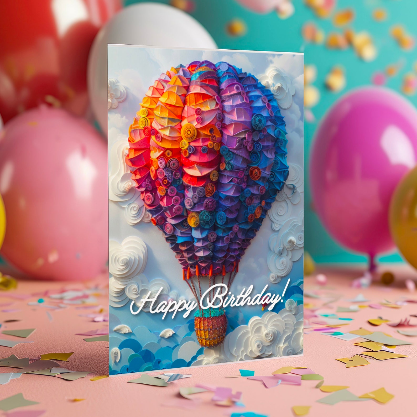 Happy Birthday Greeting Card With Hot Air Balloon, Colorful Paper ...