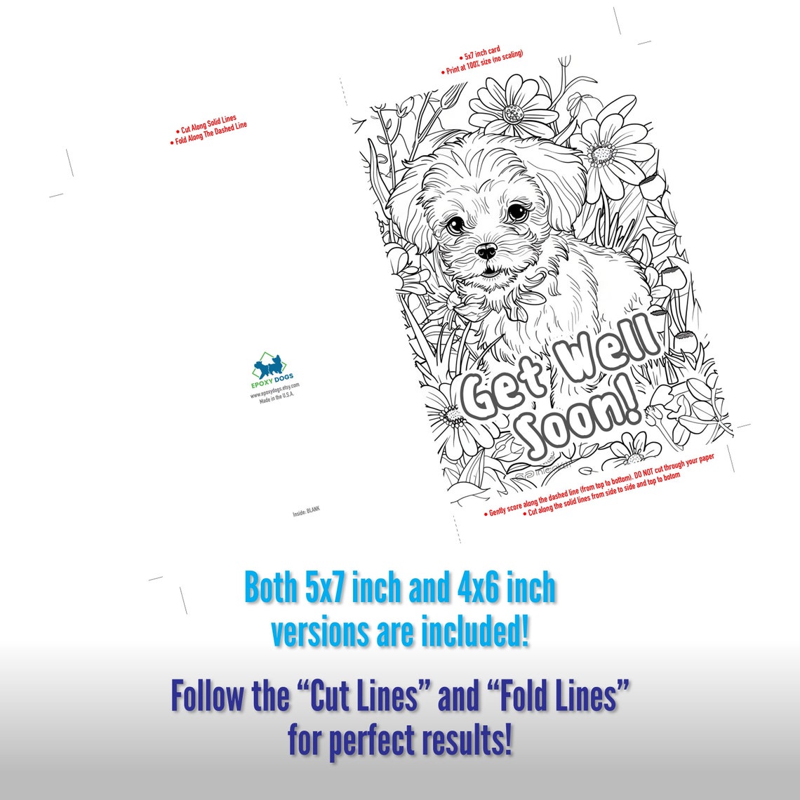 Get Well Soon Puppy Coloring Card, Color Your Own Get Well Soon Card, 5x7 and 4x6 Sizes Included ...