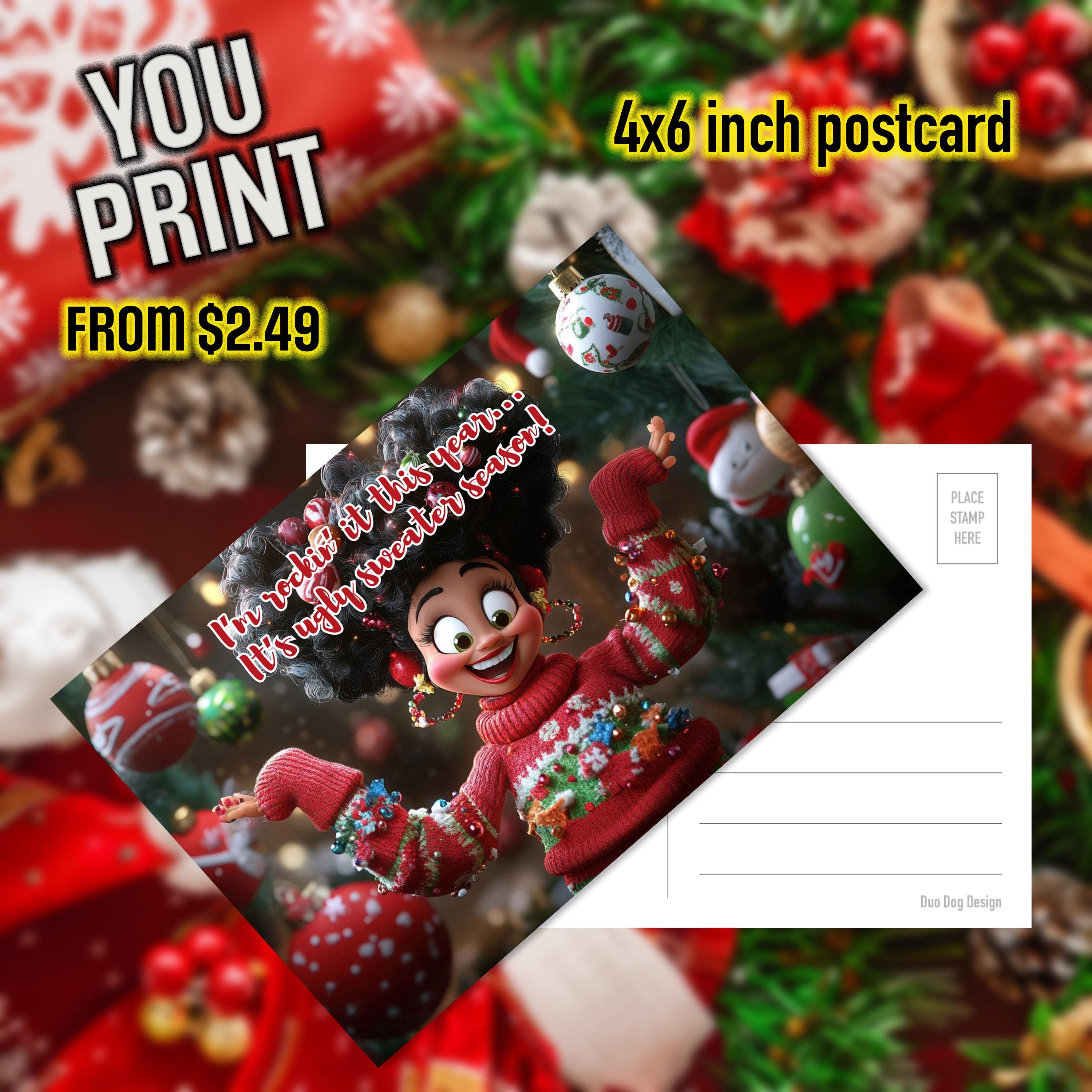 Funny Ugly Sweater Postcard, Ugly Christmas Sweater Card, Humorous ...