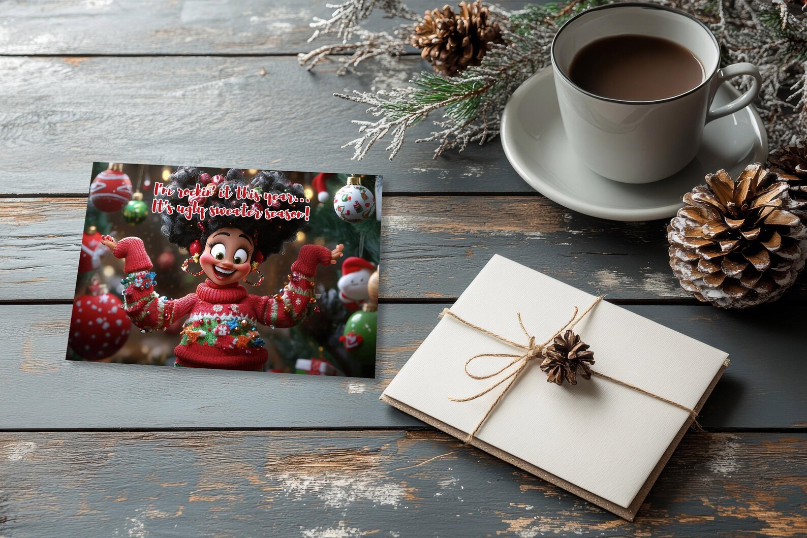 Funny Ugly Sweater Postcard, Ugly Christmas Sweater Card, Humorous ...