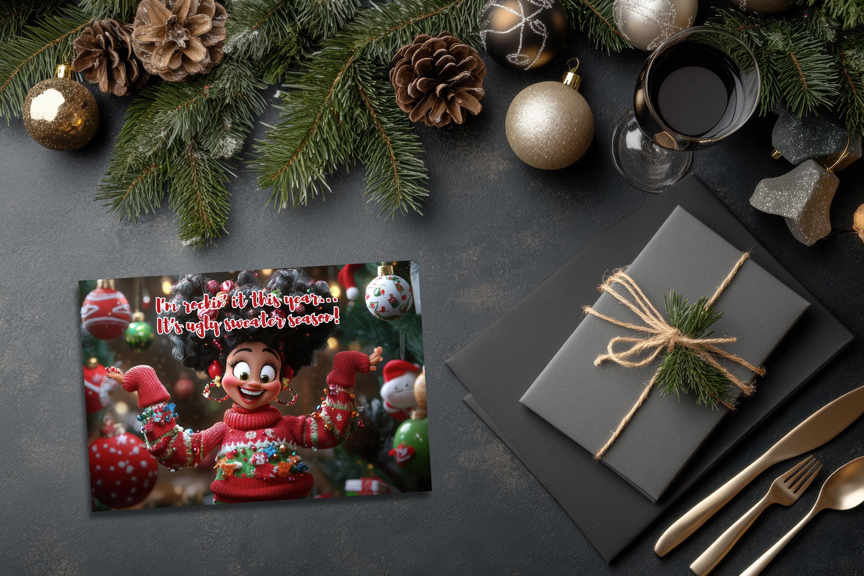 Funny Ugly Sweater Postcard, Ugly Christmas Sweater Card, Humorous ...