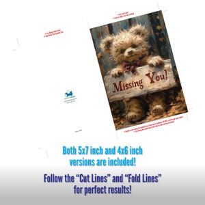 Missing You Card, Missing You Printable, Cute Teddy Bear Card, 5x7 and ...