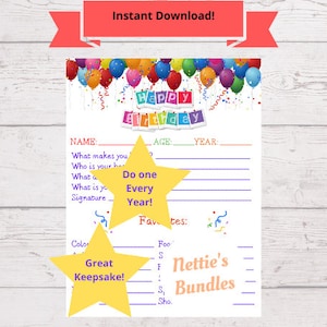 Puede incluir: Una hoja de recuerdo de cumpleaños imprimible con un borde de globos coloridos y las palabras "Happy Birthday". La hoja incluye secciones para rellenar con nombre, edad y favoritos, con el texto "Do one every year!" y "Great Keepsake!"
