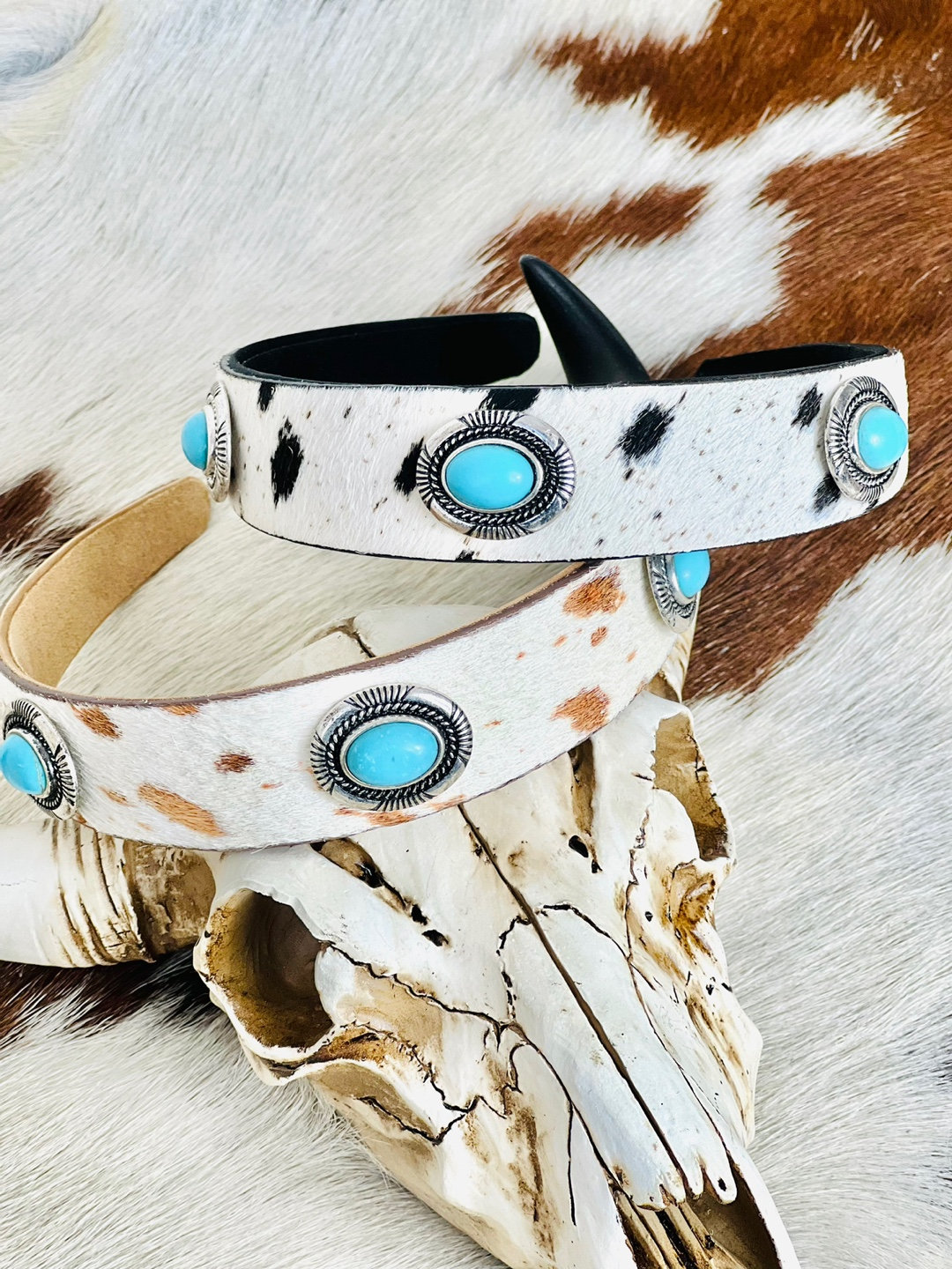 White Head Band  with Turquoise Stones and Crystal Accents Handmade Jeweled Headbands | Bejeweled Headbands main image 4
