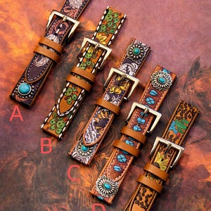 May include: Six leather watch bands with decorative designs and silver buckles. The bands feature turquoise accents and various patterns, including floral, cactus, and geometric motifs. The text "THE NEW WEST" is visible at the top.