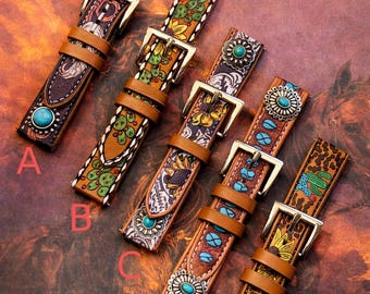 Western Leather Galaxy Watch Band, Turquoise Concho Watch Strap, Cowgirl Style Galaxy Watch Band, Boho Western Smartwatch Band