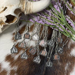May include: A collection of silver and copper necklaces with personalized letter charms in the shape of a cattle ear tag. The charms are displayed on a brown and white cowhide background.