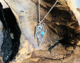 Western 925 Sterling Silver Thunderbolt Necklace with Kingman Turquoise Stone I Western Genuine Kingman Turquoise Stone Silver Necklace