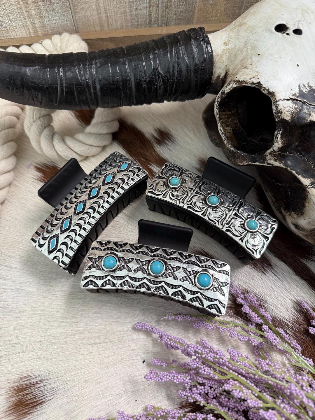 Superbe Barrette à Cheveux Argent, Turquoise Et Cristal Aqua, 3.5 Pouces