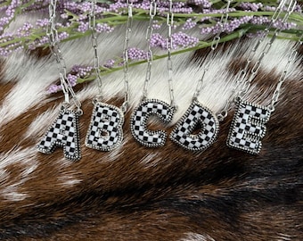 CHECKERBOARD INTIAL NECKLACE I Checkered Monogram Necklace I Checkerboard Initial Necklace