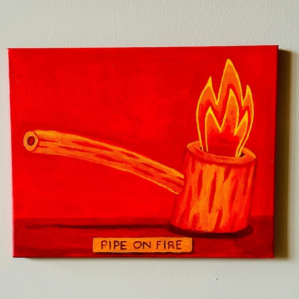 Pipe on Fire painting. Hot red wall decor. Corn pipe painting.