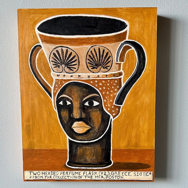 African woman classical vase painting. Greek perfume flask painting. Ancient Greece flask painting. Museum object painting.
