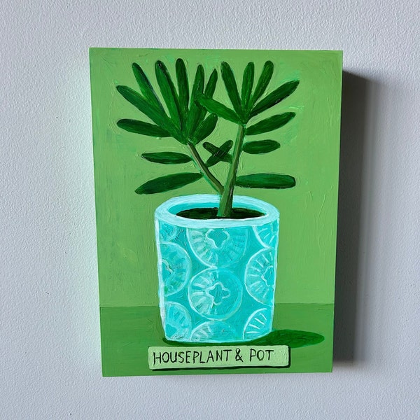 Peinture de plantes d'intérieur. Peinture végétale verte pour la cuisine ou le salon. Peinture de cache-pot et de plante d'intérieur. Petit pot turquoise.