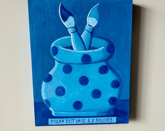 Polka Dot Vase and two brushes modern painting. Blue Polka Dot painting. Blue vase contemporary art. Boston vase art.