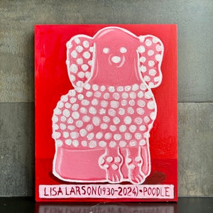 Poodle, Lisa Larson ceramic poodle painting. Red and pink poodle wall folk art. Mid-century dog art. Boho animal art. image 1