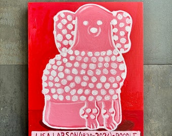 Poodle, Lisa Larson ceramic poodle painting. Red and pink poodle wall folk art. Mid-century dog art. Boho animal art.