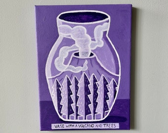 Painting of a Vase with volcano and trees. Purple vase painting. Vase with landscape.