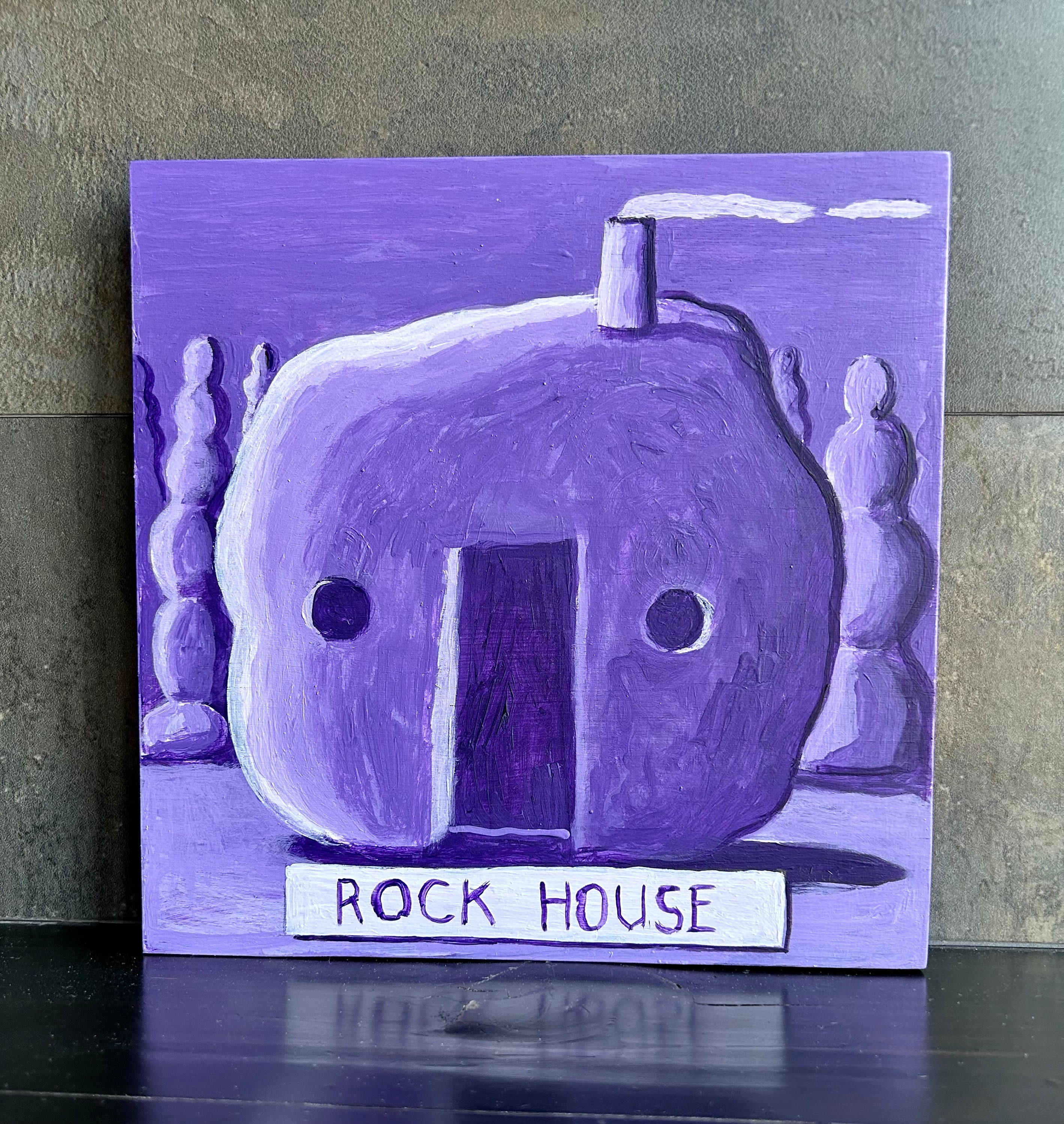 Rock House Painting. Purple Rock Painting. Folk Art, Whimsical Painting