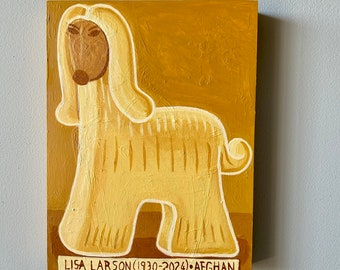 Lisa Larson Afghan painting. Mid century dog wall art. Contemporary animal art. Brown  and yellow folkart painting.