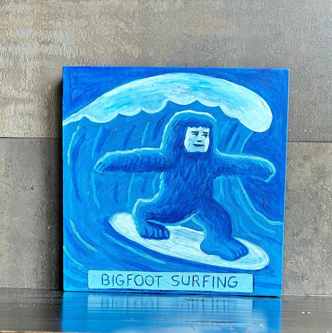Bigfoot Surfing Painting. Blue Bigfoot Painting. Surfing Etsy