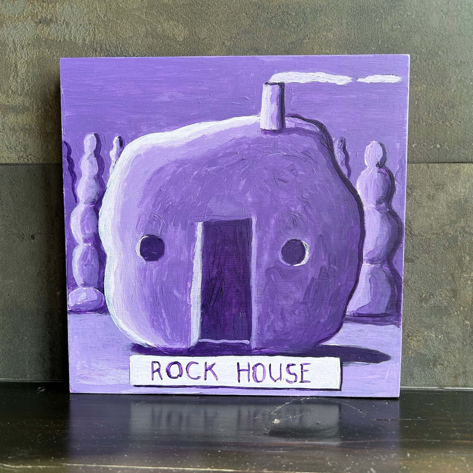 Rock House Painting. Purple Rock Painting. Folk Art, Whimsical Painting