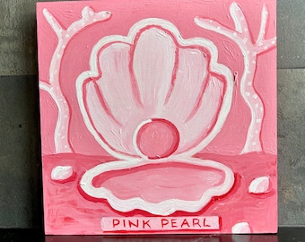 Pink Pearl painting. Oyster cartoon, comic art. Under the sea wall art.