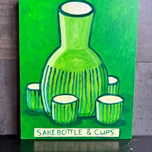 Sake Bottle & Cups painting. Green sake bottle. Japanese sake. Folkart sake bottle. image 2