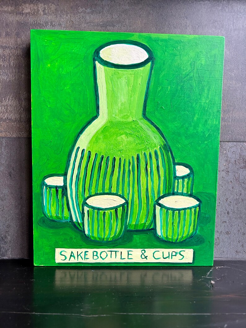 Sake Bottle & Cups painting. Green sake bottle. Japanese sake. Folkart sake bottle. image 2